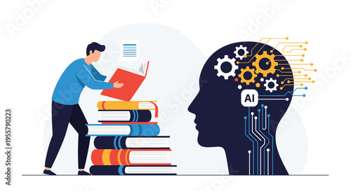Man reading a book next to a large silhouette of a human head filled with gears and electronic circuits for artificial intelligence concept.