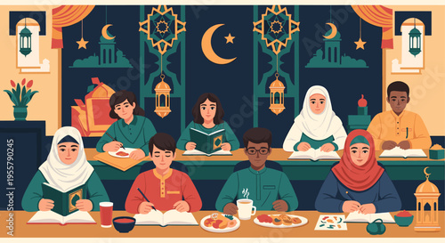 A serene illustration depicting a woman in a hijab reading. Ideal for representing faith, education, spirituality, and cultural diversity in education