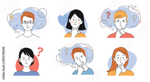 Cheerful woman in a blue shirt holding a puppy in a cardboard box with thought bubbles about love and pets for an adoption theme.