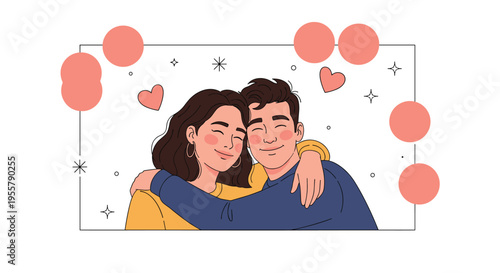 Happy couple embracing warmly in a decorative photo frame with heart shapes and sparkling stars for a romantic vector theme illustration.