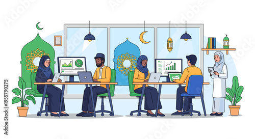 A vibrant illustration of a potted plant in a bright office setting.  This image evokes a sense of calm and wellness, perfect for representing a healt