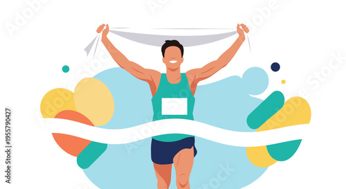 Determined male runner triumphantly crosses the finish line with his arms raised high in celebration during a competitive athletic race.