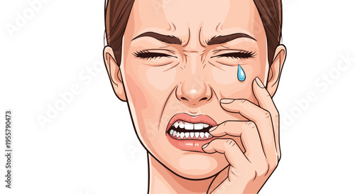 Illustration of a woman crying and touching her face with a pained expression on a white background.