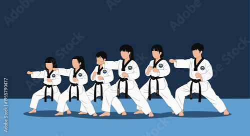 Line of children of different heights wearing traditional white dobok uniforms practice taekwondo punches in unison on a blue mat.