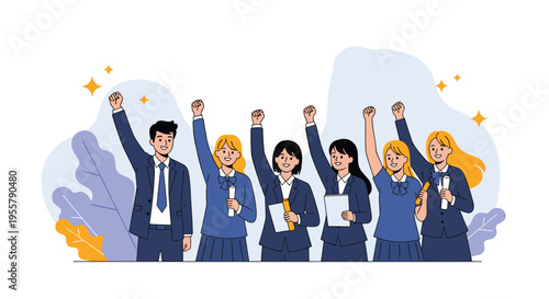 Group of happy graduating students in blue school uniforms cheer together with their fists raised in the air and diplomas in hand.