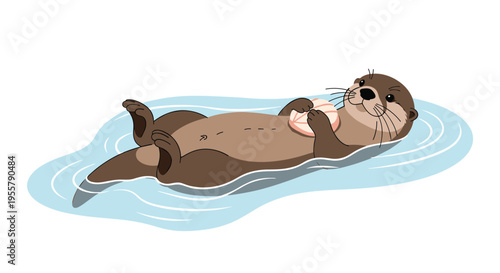 Cute brown sea otter is shown floating peacefully on its back in calm blue water while holding a small pink shell.