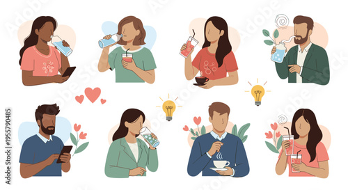 Set of diverse people drinking water, coffee, juice, and tea from various containers while engaging in activities like using a phone.