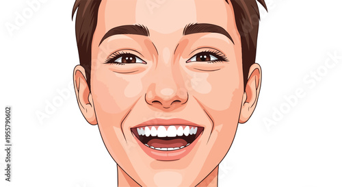 Illustrated close-up portrait of a cheerful young man with short brown hair smiling against a clean white background.