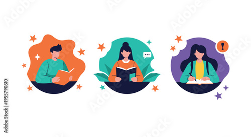 Set of three individual characters are shown reading books and writing notes within stylized circular frames against colorful backgrounds.