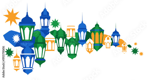 A vibrant illustration showcasing traditional Ramadan decorations. Perfect for conveying themes of celebration, spirituality, and cultural traditions 
