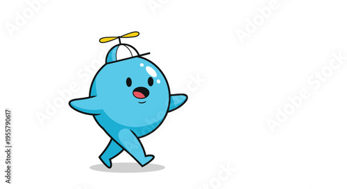 Cute and round blue cartoon character wearing a white propeller hat is seen walking forward with a cheerful expression.