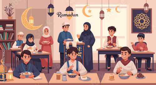 A cheerful illustration depicting a young man breaking his fast during Ramadan. Perfect for content related to religious celebrations, cultural tradit