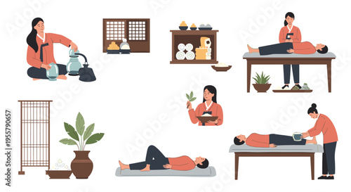 Collection of scenes showing people engaged in traditional Korean medical treatments including acupuncture, massage, and herbal preparation.