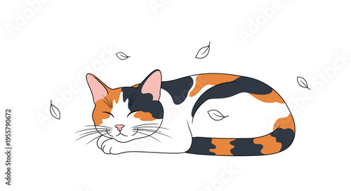 Peaceful calico cat with black, orange, and white patches is seen sleeping soundly while stylized white leaves fall around it.