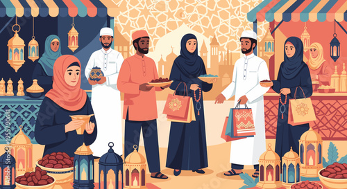 A warm and inviting illustration depicting traditional Ramadan elements. Ideal for seasonal greetings, cultural celebrations, and holiday-themed marke