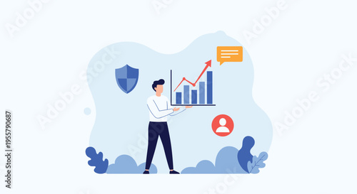 Confident businessman holds up a large bar chart showing upward growth and success against a light blue background with icons.