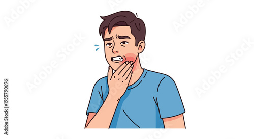 Illustration of a man clutching his sore throat with a pained expression on a plain white background.
