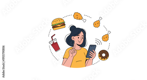 Young woman uses a mobile application to order fast food delivery services including burgers and fried chicken from her smartphone.