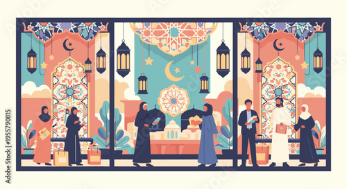 A warmly lit illustration depicting a woman in traditional attire answering a door. Ideal for representing home delivery, welcoming, or neighborly int