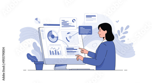 Female data analyst studies complex financial charts and statistical graphs on a large monitor to improve business performance and insights.