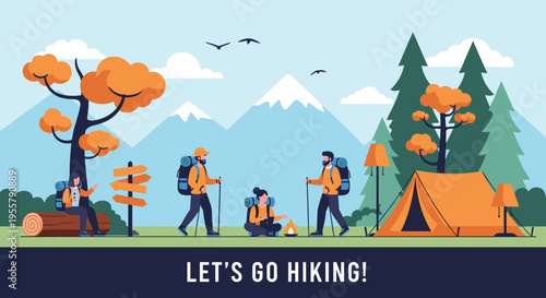 Group of active people hiking and camping in a beautiful mountain landscape with a motivational banner for outdoor summer adventure.
