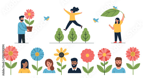 People interacting with nature and giant flowers representing environmental conservation, sustainable living, and ecological awareness.