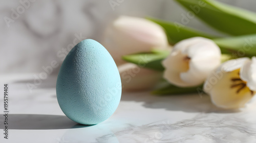 High-angle shot of a single ceramic pastel mint Easter egg placed on a clean white marble surface with a soft spring tulip shadow. Minimalist aesthetic with ample blurred white space for text overlay
