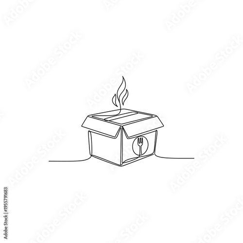 Open food delivery box with fork and knife symbol, hot meal concept