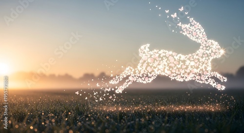 Magical glowing Easter bunny made of butterflies leaping over a meadow at sunrise, ethereal spring concept illustration, generative AI