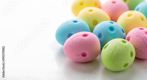 Colorful Easter egg candies made of gummy or marzipan on white background, sweet holiday treats and confectionery illustration, generative ai