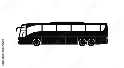 A black silhouette of a passenger coach bus viewed from the side silhouette