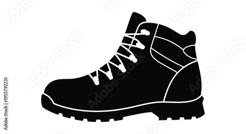 A detailed black silhouette of a hiking boot sharply defined silhouette