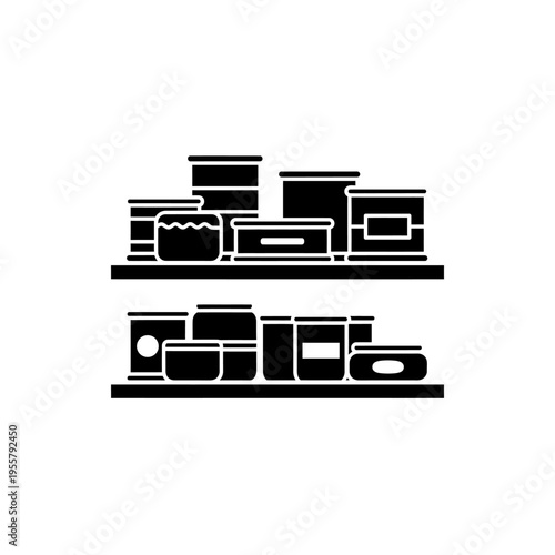 Variety of canned goods and jars on two shelves in storage room