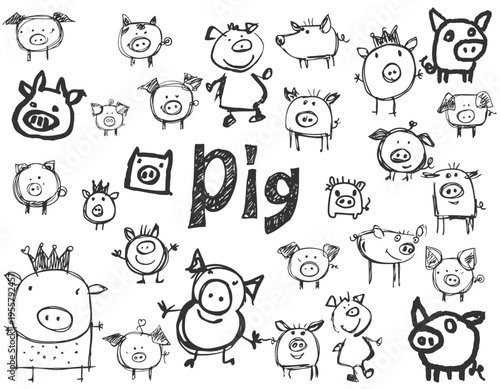 Big collection of vector pig icons, cute piglets and funny hog characters in kids drawing doodle style