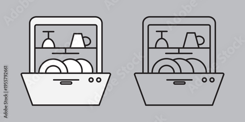 Dishwasher icon set in line and solid styles with editable stroke, isolated on grey background. Minimal appliance symbols for kitchen, cleaning, household equipment, sanitation and service branding.