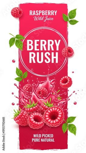 Vibrant raspberry wild juice packaging design featuring splashing fruit and fresh green leaves