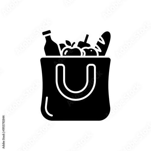 Grocery bag filled with food items black glyph icon vector illustration isolated