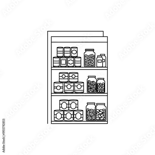Pantry shelf with canned food and jars of pickles vector illustration outline