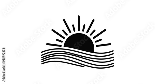 Minimalist sun rising over waves striking black form a simple silhouette
