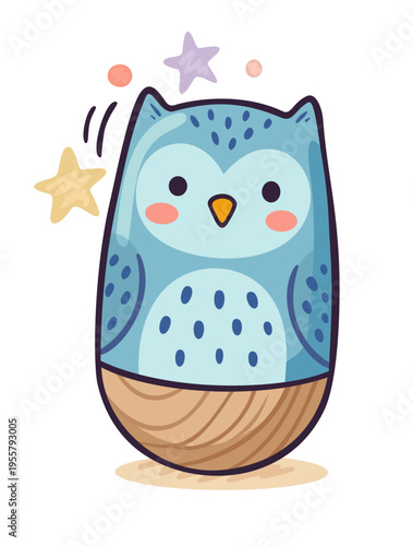 Cute kawaii blue owl. Roly poly toy. Tumbler doll. Vector isolated illustration