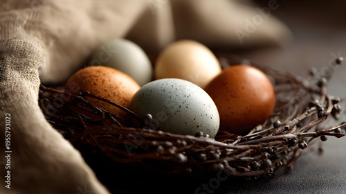 Interesting textural contrast, sharp focus on eggs, earthy tones, wide layout for seasonal transitions.