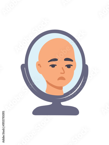 bald man looking at reflection in mirror