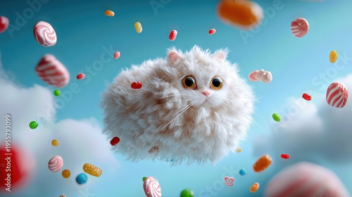 Round fluffy cat made of white cotton candy hovering amid falling colorful sweets