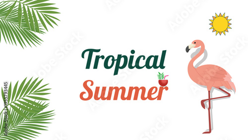 Tropical summer scene with a pink flamingo, palm leaves, and a bright sun, evoking a vacation and warm weather mood.