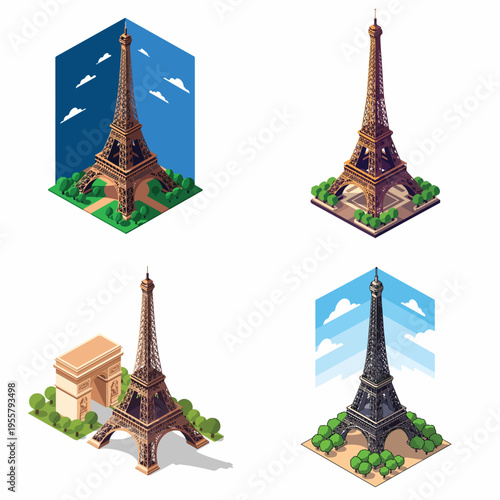 Isometric design set of Eiffel Tower and other famous monuments,  vector illustration, with a clean white background
