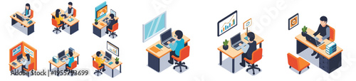 Vector illustration set of a modern desk setup with a person working on a laptop, isometric style, bright colors, minimal white background