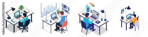 Vector remote work activity with a laptop user at a desk, isometric vector art, clean lines, colorful flat design.
