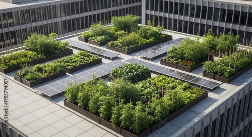 Rooftop farm illustration with raised beds and solar panels on modern office buildings, urban agriculture and green architecture concept, generative ai