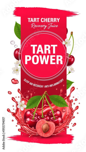 Promotional design for potent tart cherry recovery juice, featuring fresh ripe fruit, an invigorating red splash, and vibrant green leaves.