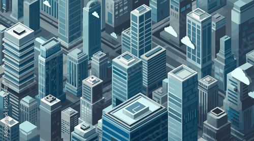 A minimalist, isometric illustration of a city skyline. Ideal for conveying modern urban concepts, business growth, or futuristic ideas. Creates a cal